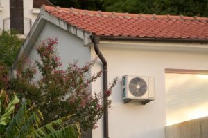 Outdoor HVAC unit on residential wall