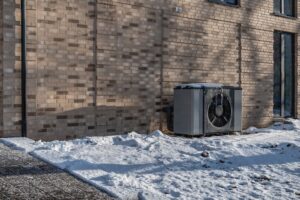 Air source heat pump outdoor unit installed beside modern brick apartment building, operating in winter conditions with snow-covered ground and frost visible on system. Residential heating technology.